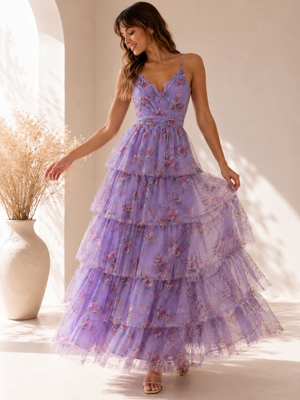 City Studio Lilac Floral Tiered Tulle Maxi Dress Sz 3/4 Wedding Guest Formal NWT